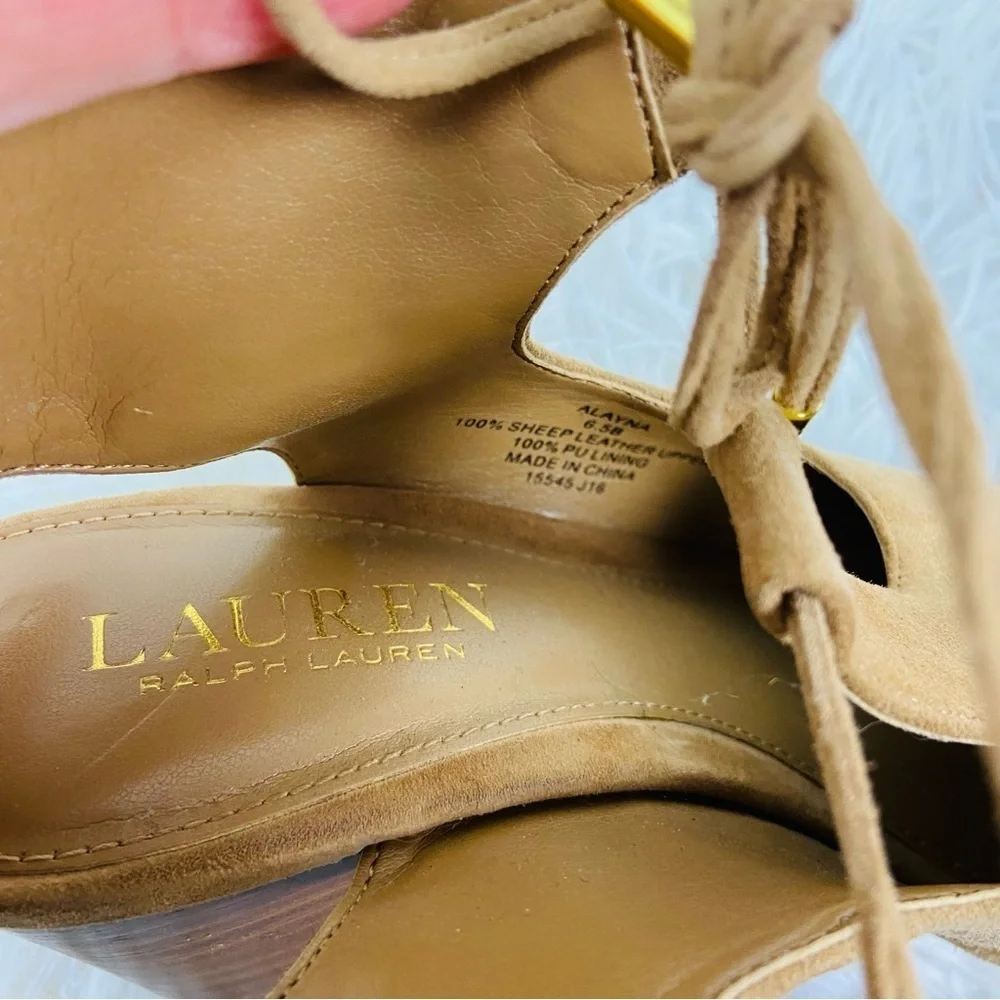 LAUREN RALPH LAUREN tan camel 100% sheep leather open toe suede wedge heels 6.5